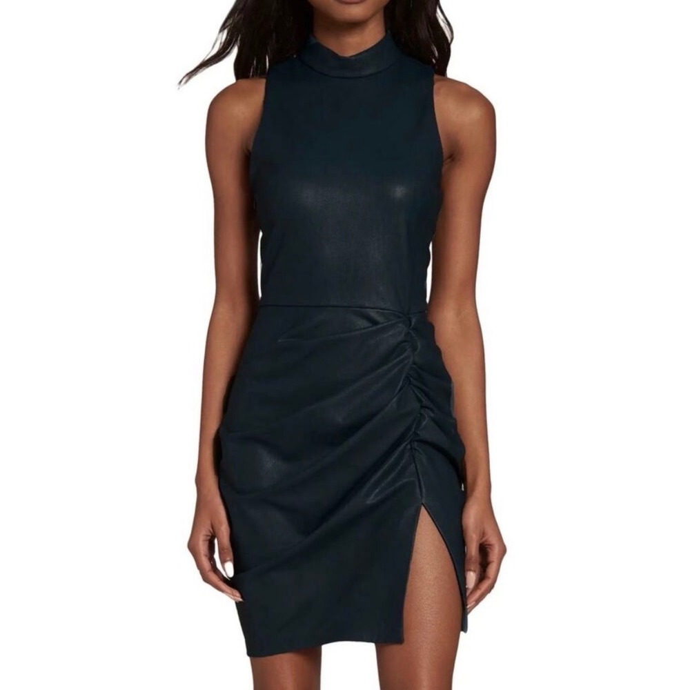 Amanda Uprichard Wade Faux Leather Ruched Mock Neck Mini Dress Black Size L